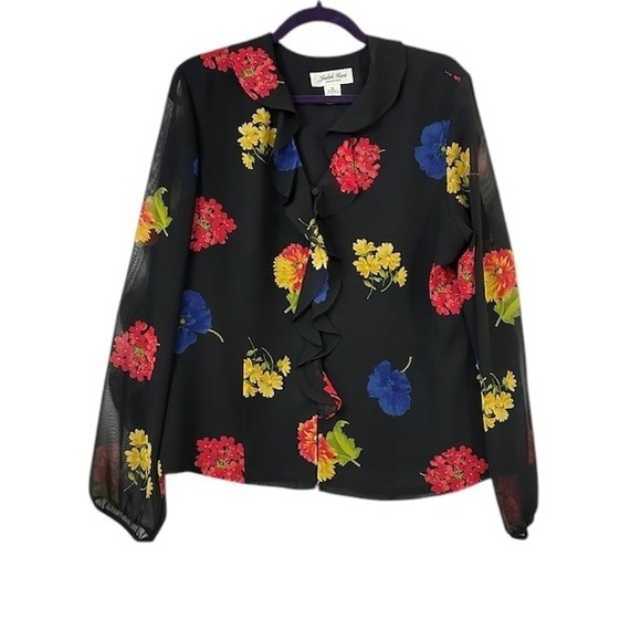 Judith Hart Collection Blouse 14 Vintage Y2K Floral Black Ruffle Top Coquette - Picture 4 of 15